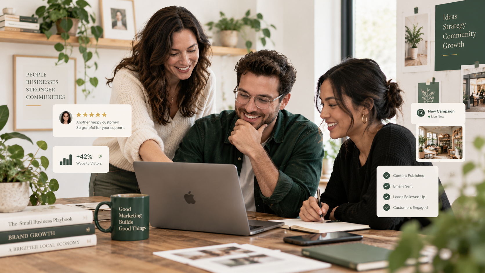 Three colleagues collaborating at a desk with marketing results visible on a laptop